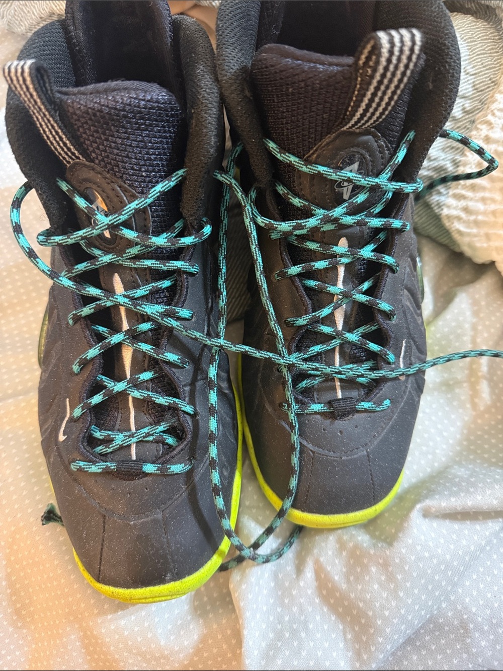 Nike Kids Black Sneakers with Teal Laces and Neon Green Trim Foamposites